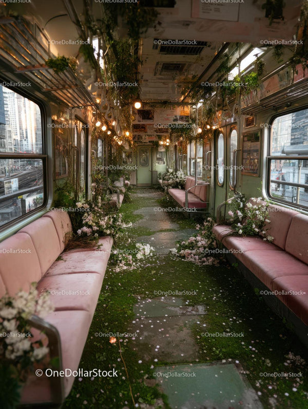 Vintage Tram Interior with Pink Benches and Lush Greenery