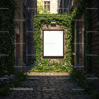 Blank advertising board framed by vibrant green ivy