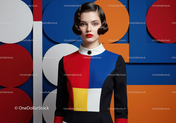 Kobieta w Sukience Colorblock z Fryzurą w Stylu Vintage Waves