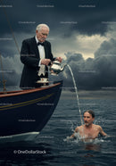 Elderly Man in Formal Tuxedo Pouring Tea on Yacht Amid Stormy Weather