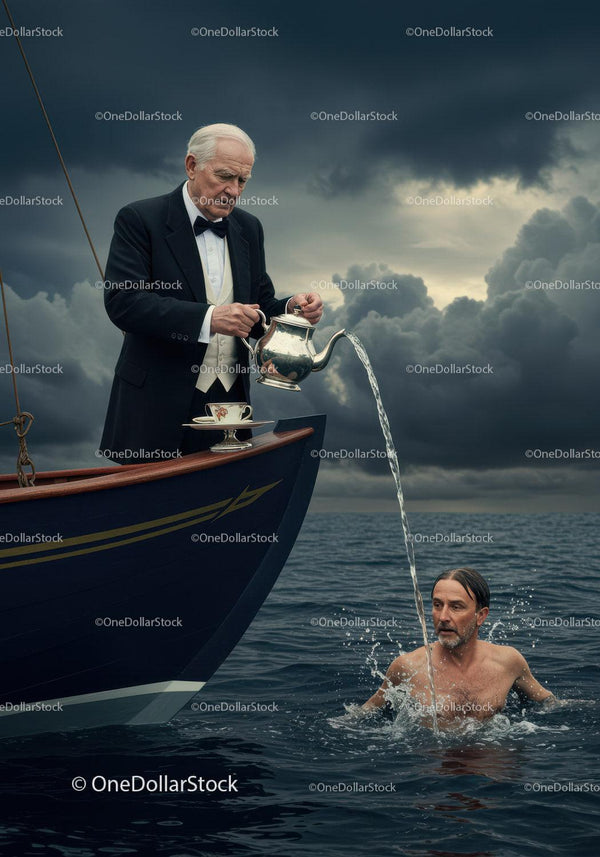 Elderly Man in Formal Tuxedo Pouring Tea on Yacht Amid Stormy Weather