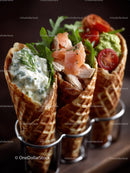 Fresh Salmon and Cherry Tomatoes in Crispy Waffle Cones for Gourmet Snacking