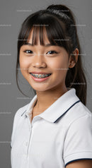 Young Girl with Dark Hair and Braces Smiling in Studio Portrait