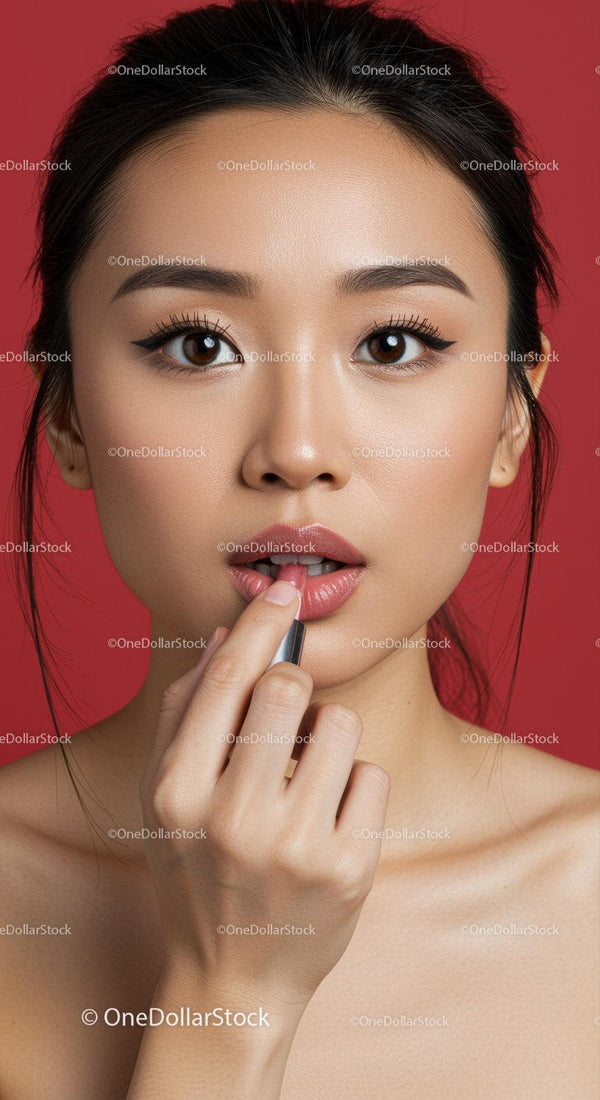 Young Woman Applying Lipstick with Flawless Skin and Elegant Makeup