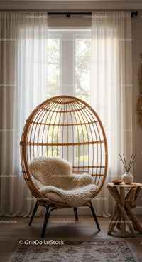 Cozy rattan chair with soft cushion near window