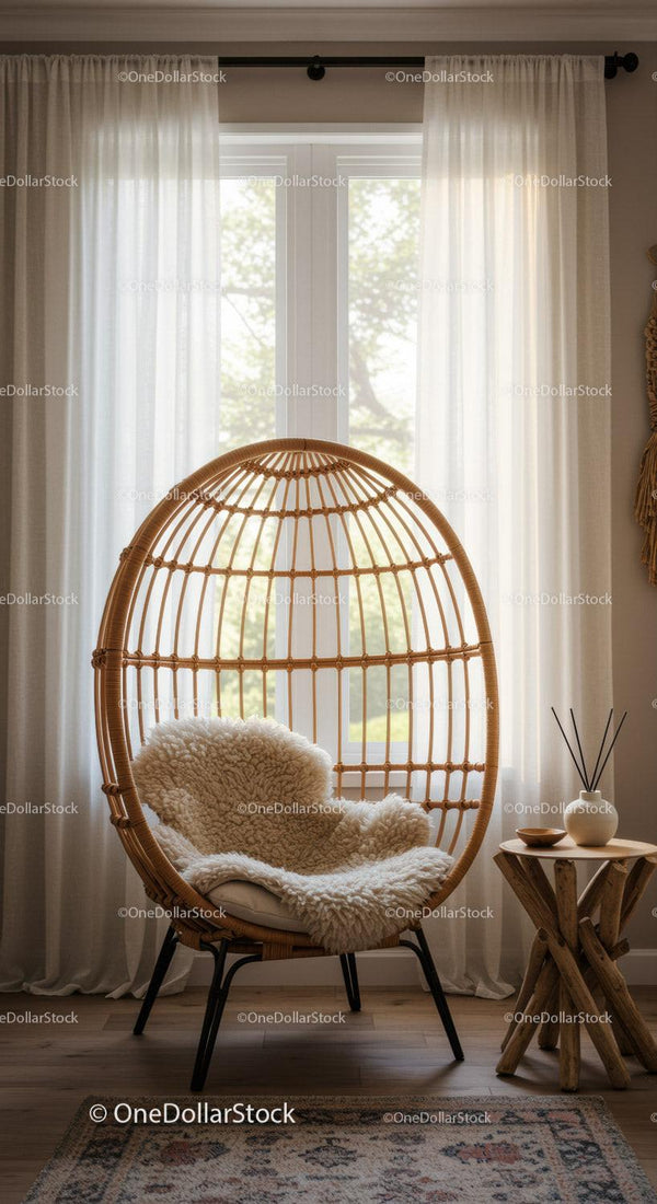 Cozy rattan chair with soft cushion near window