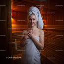 Young Woman Enjoying Relaxing Sauna Session with Steam and Towel