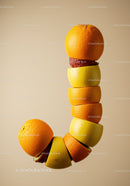 Creative stacked citrus and strawberry slices on beige background