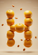 Letter H formed by stacked fresh oranges and berries