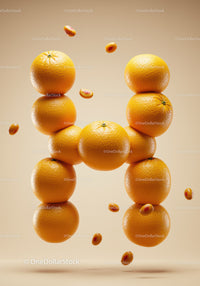 Letter H formed by stacked fresh oranges and berries