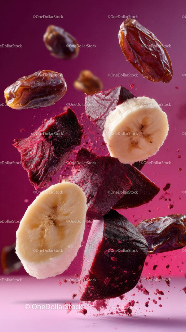 Dynamic Flight of Banana Slices and Fruits on Vibrant Pink Background