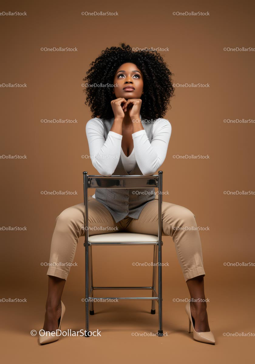 Thoughtful Woman Seated in Elegant Attire Against Brown Background