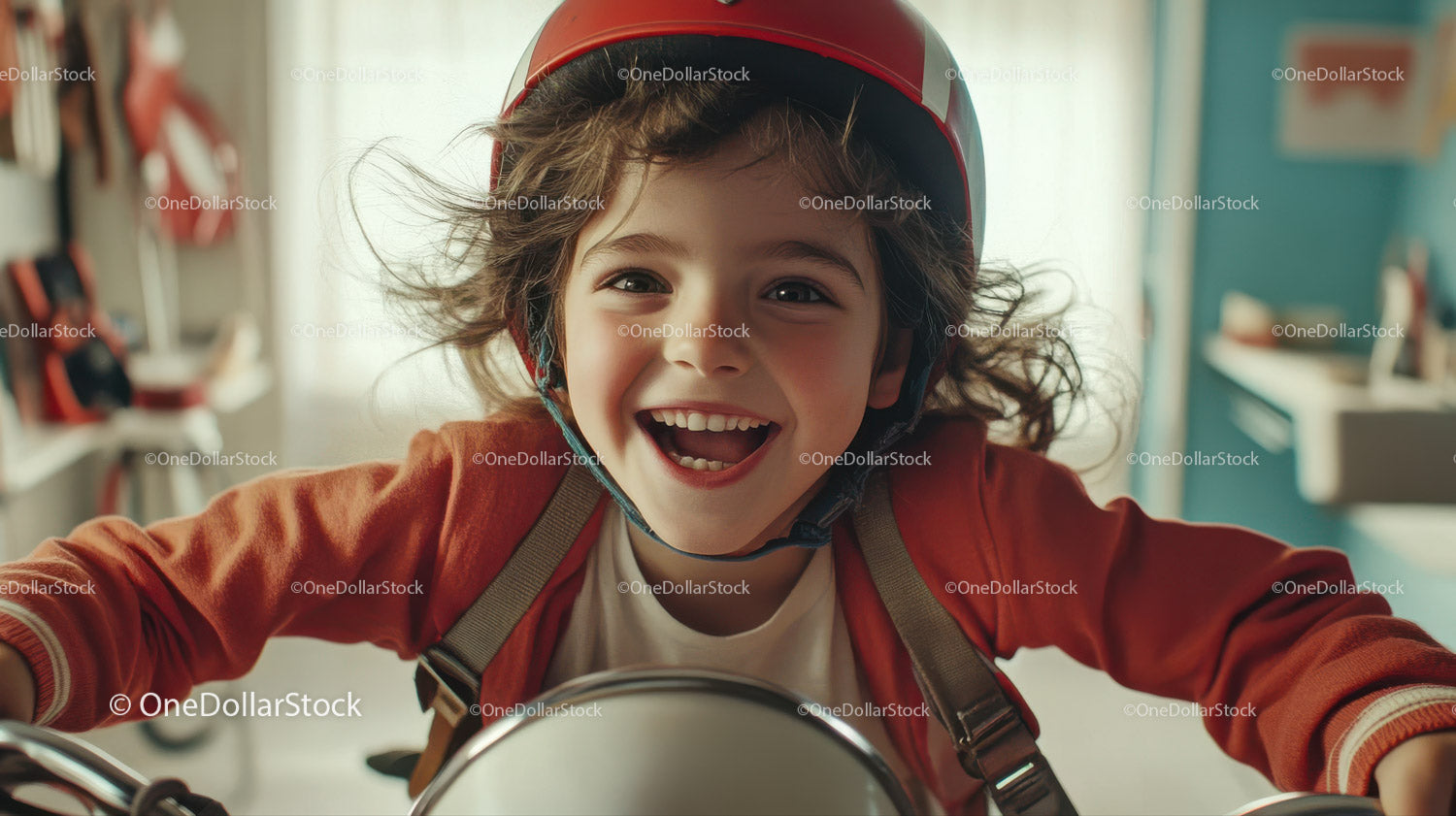 Joyful Girl Riding Bike Wearing Helmet in Bright Atmosphere