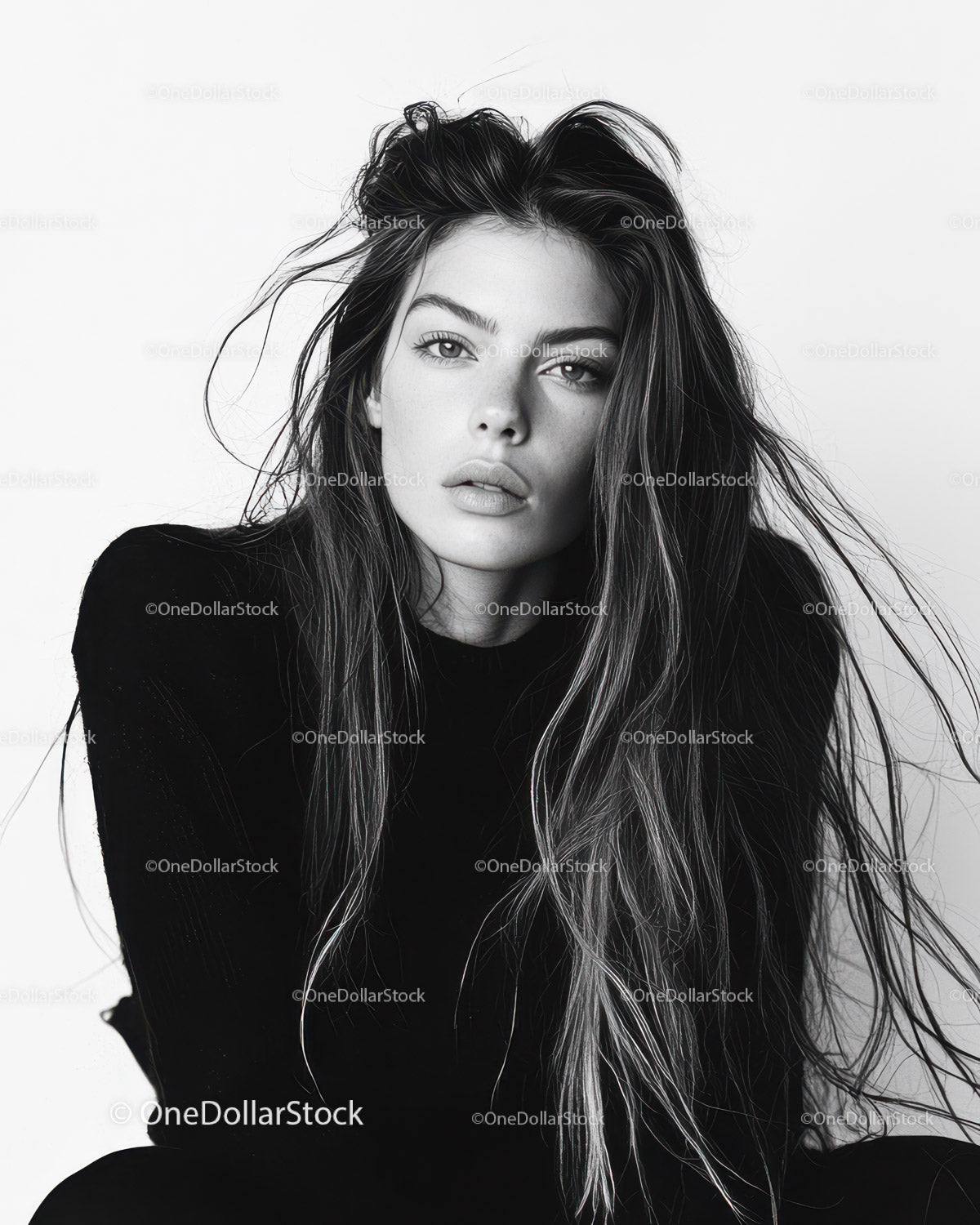 Black and White Portrait of Young Woman with Long Messy Hair