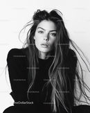 Black and White Portrait of Young Woman with Long Messy Hair