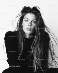 Black and White Portrait of Young Woman with Long Messy Hair