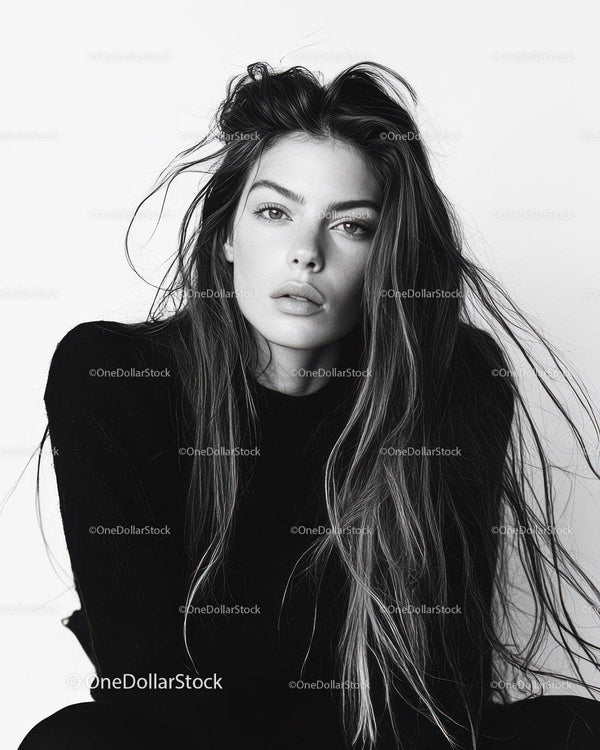 Black and White Portrait of Young Woman with Long Messy Hair
