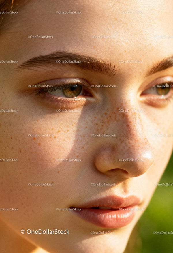 Natural beauty close up with sunlit freckles and soft skin