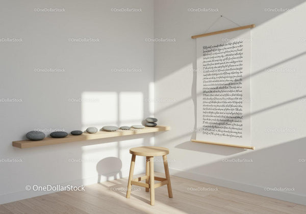 Minimalist corner with wooden stool and balanced stones