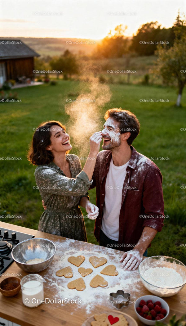 Couple Having Fun Baking Heart Cookies Outdoors at Sunset
