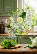 Fresh cucumber slices and mint with splashing water