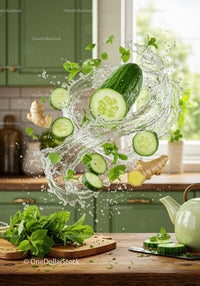 Fresh cucumber slices and mint with splashing water