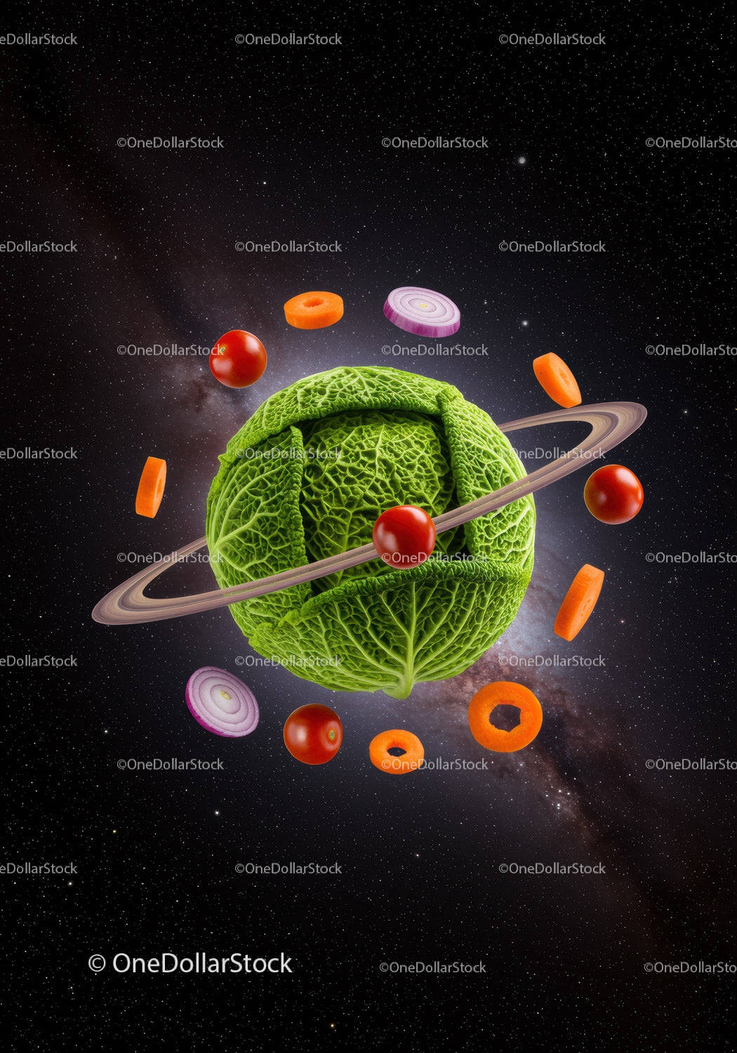 Fresh Vegetables Orbiting Around Cabbage Planet