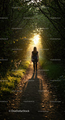 Woman walking through sunlit forest tunnel pathway