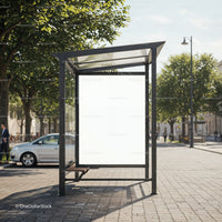 Empty bus stop with blank advertising panel in city
