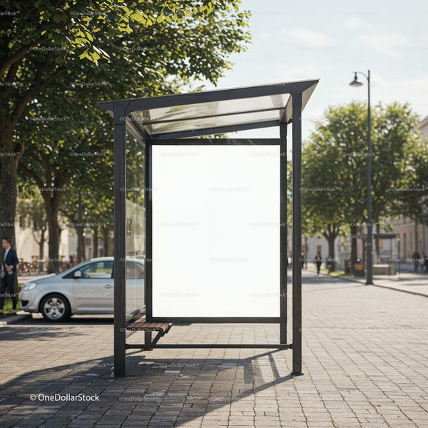 Empty bus stop with blank advertising panel in city JPG Mockup Image