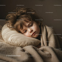 Tired child resting on pillow wrapped in cozy blanket