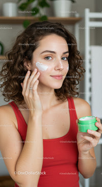 Young Woman Applying Cream for Skincare Routine in Home