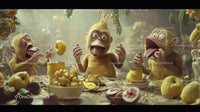 Vibrant Jungle Scene with Playful Monkeys Enjoying Fruit