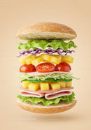 Fresh stacked sandwich with vibrant ingredients isolated