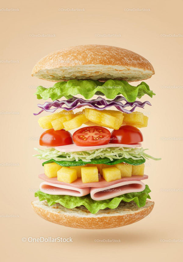 Fresh stacked sandwich with vibrant ingredients isolated