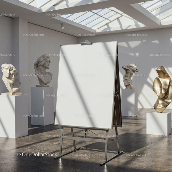 Blank easel stand in modern art gallery with sculptures JPG Mockup Image