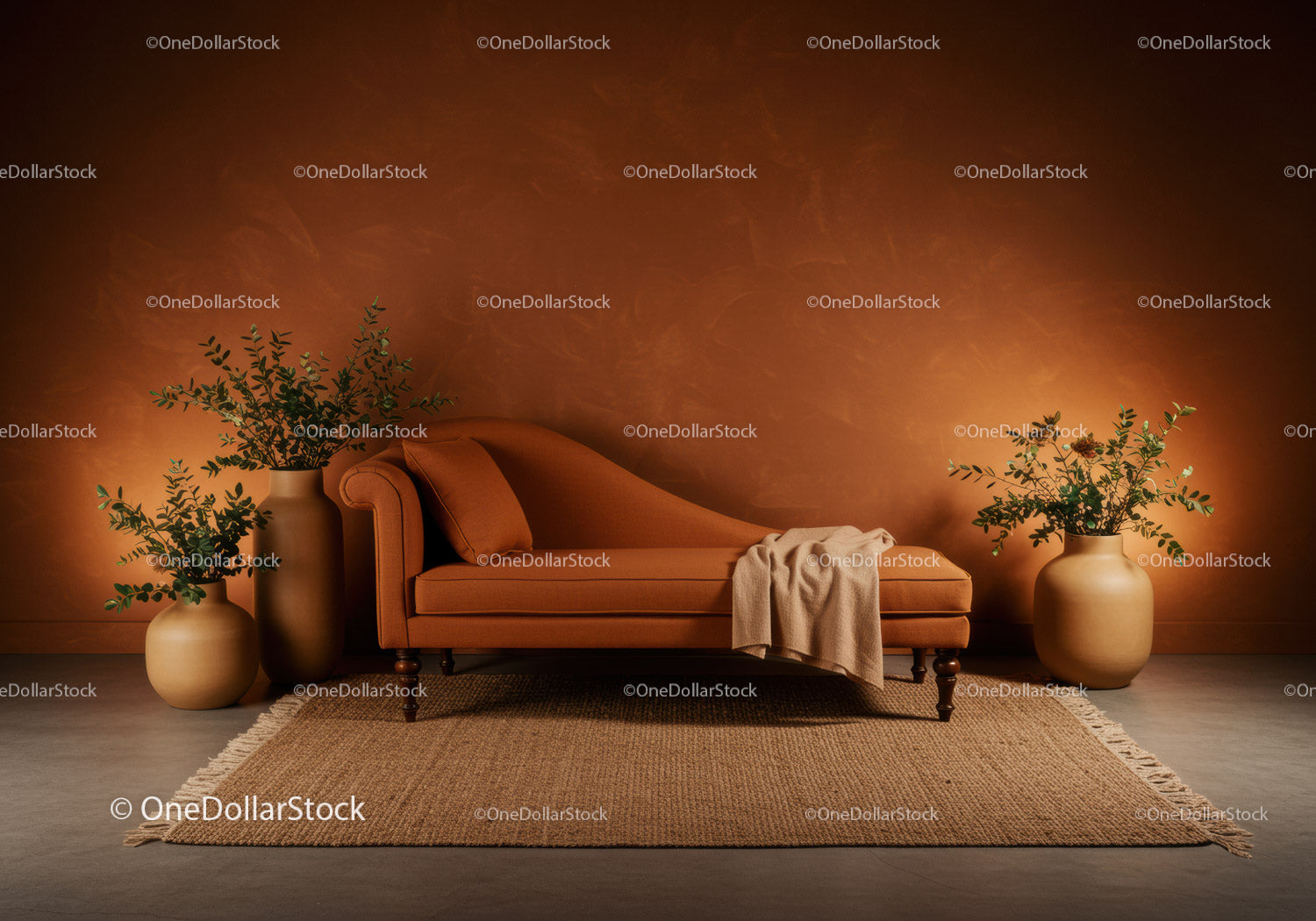 Cozy stylish chaise lounge with decorative greenery