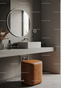 Modern Bathroom with Round Mirror and Vessel Sink in Neutral Tones