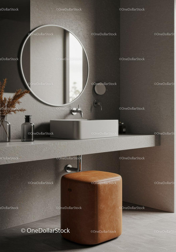 Modern Bathroom with Round Mirror and Vessel Sink in Neutral Tones