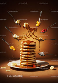 Stack of fluffy pancakes with flowing syrup and fresh fruit