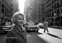 Elderly Woman in Busy City Street Surrounded by Vintage Cars