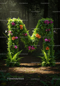 Letter M formed with lush green plants and vivid orchids