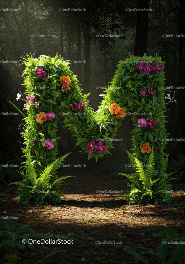 Letter M formed with lush green plants and vivid orchids