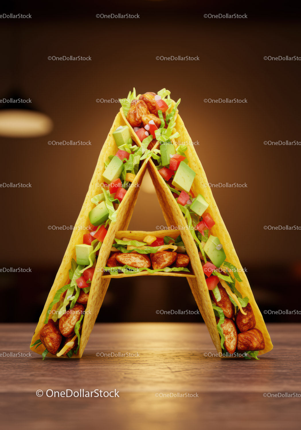 Taco Arranged in Letter A on Wooden Surface