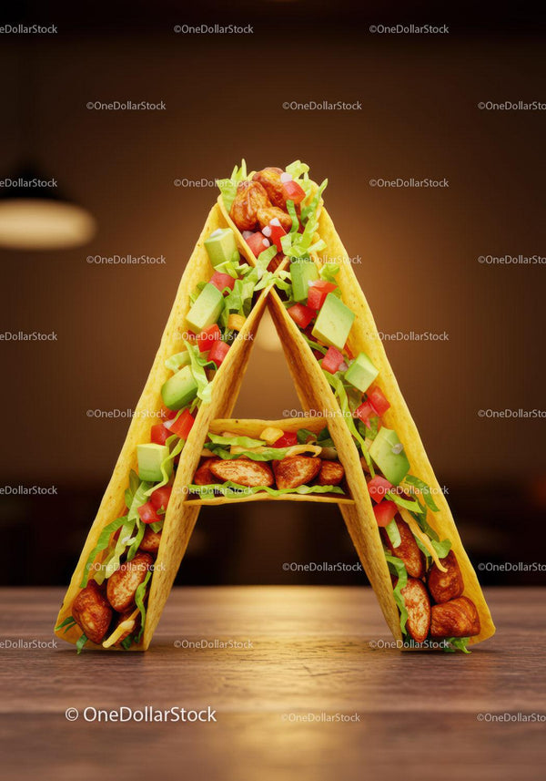 Taco Arranged in Letter A on Wooden Surface
