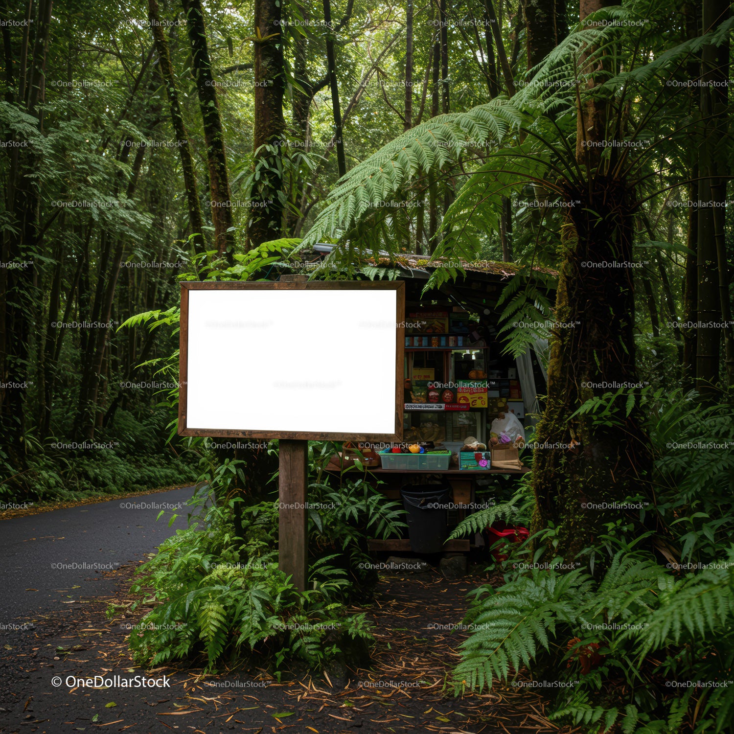 Small forest stall with blank wooden sign amid lush greenery