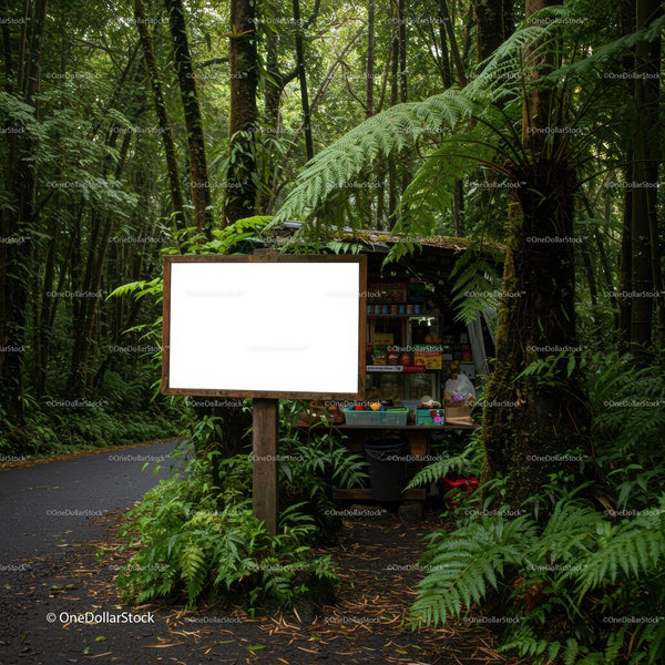 Small forest stall with blank wooden sign amid lush greenery JPG Mockup Image