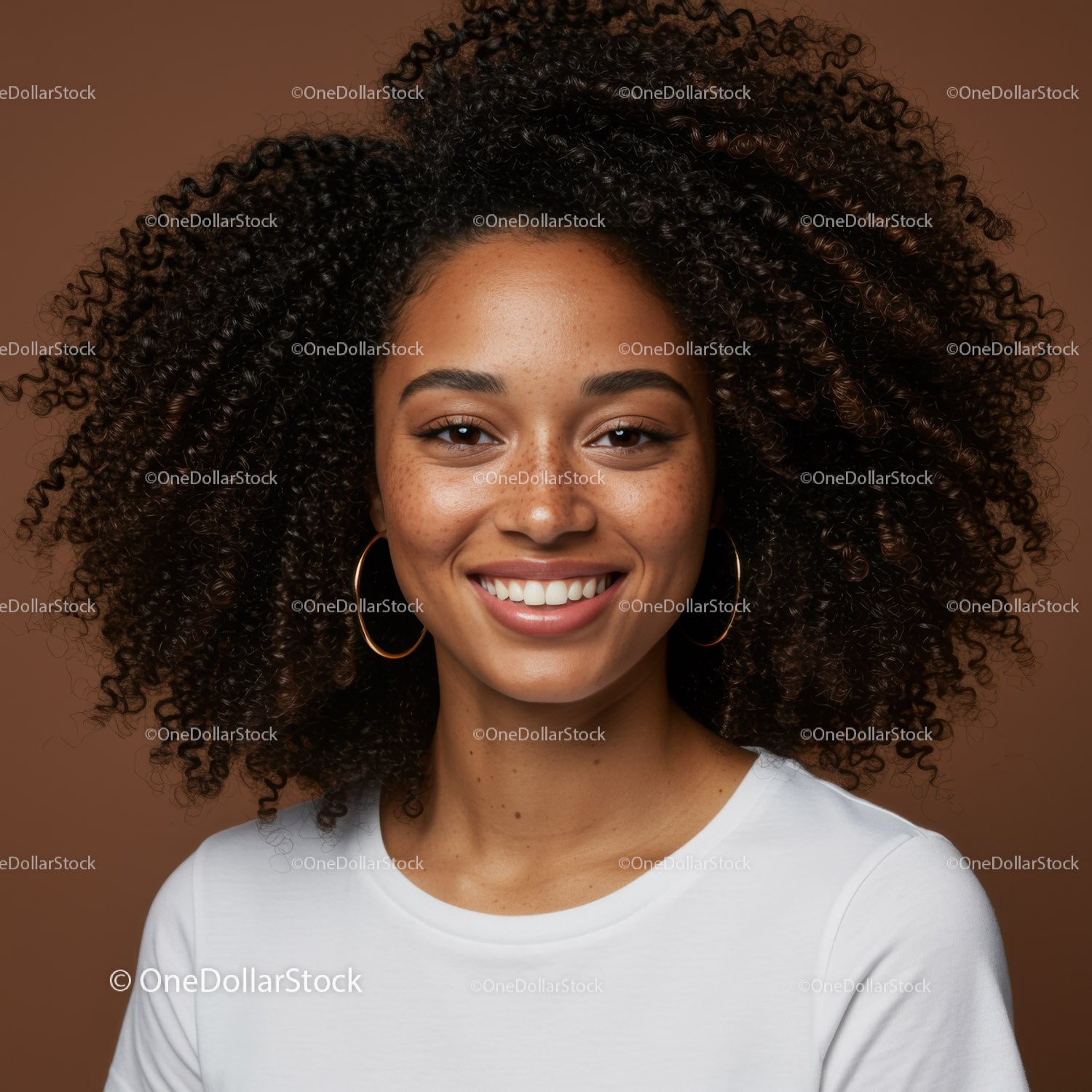 Elegant Woman with Curly Hair and Bright Smile Against Brown Background