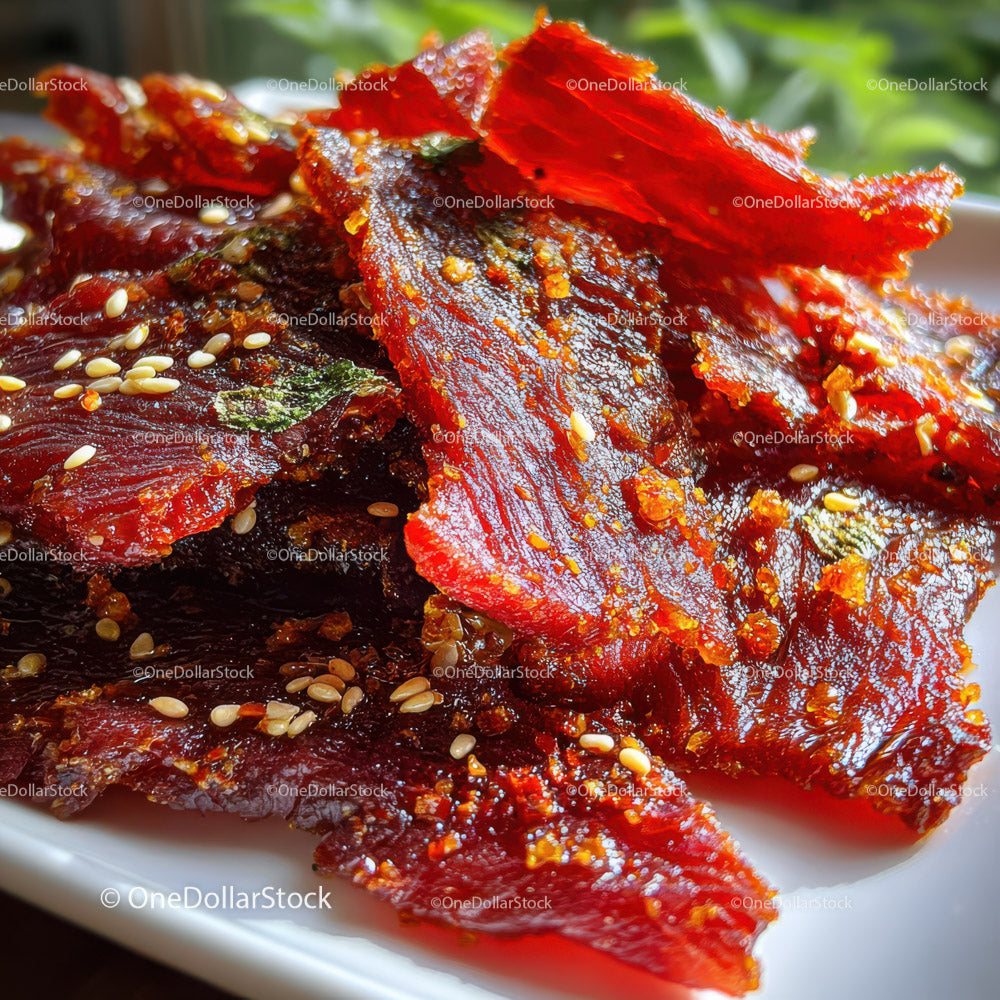 Close-up of Spicy Beef Jerky with Sesame Seeds and Marinade
