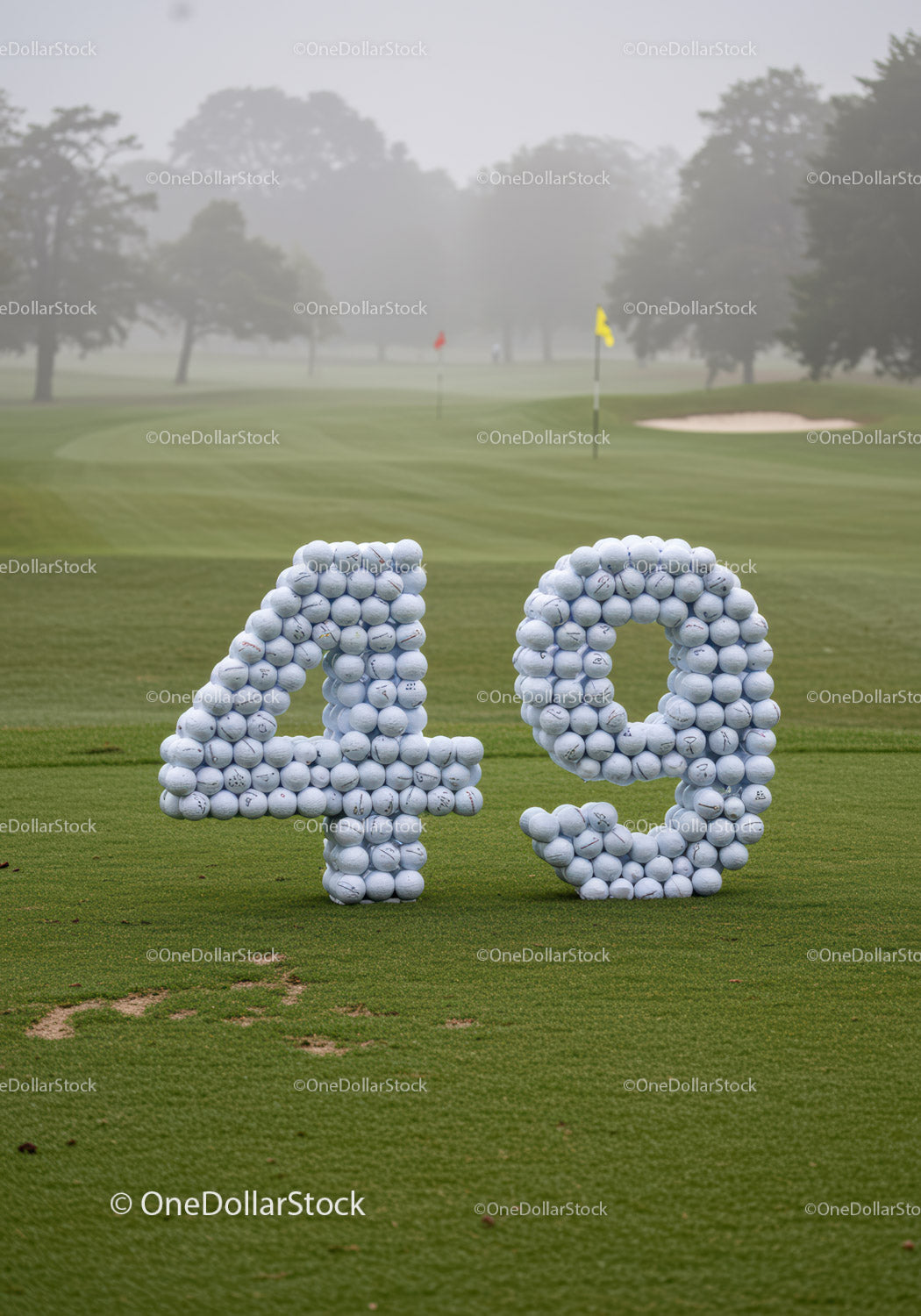 Number 49 formed with golf balls on green course